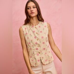 SO ME Floral Rose Cotton Twill Scallop Button Vest Top🆕Ivory/Pink